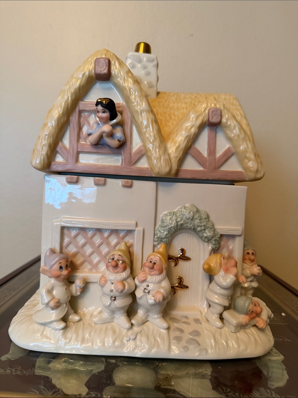 Lenox Cream and Pink Porcelain Snow White Dwarf Cottage Figurine